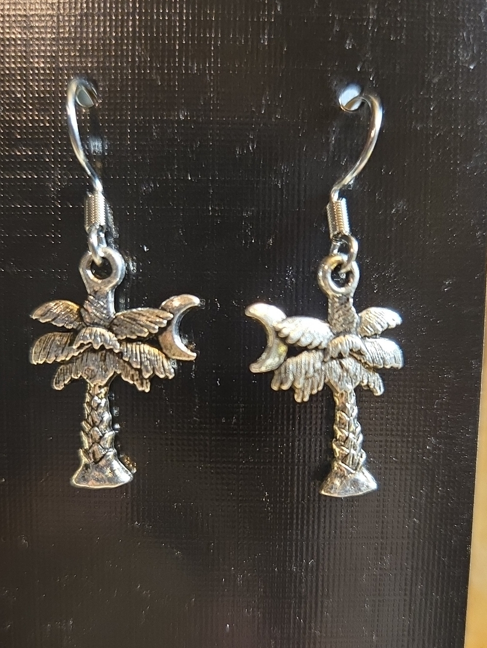 Silver Palm Tree Crescent Moon Dangle Earrings - Unbranded